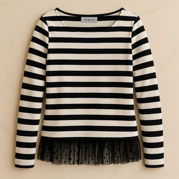 Talbots Women’s Striped Long Sleeve Top with Lace Hem Size S Black White - Picture 7 of 8
